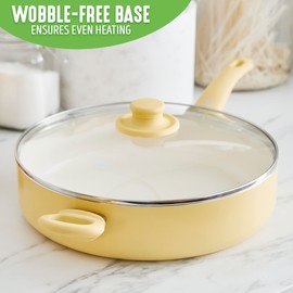 Greenlife Soft Grip Healthy Ceramic Nonstick, 5QT Saute Pan Jumbo Cooker with Helper Handle and Lid, PFAS-Free, Dishwasher Safe, Yellow