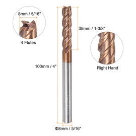 sourcing map 2pcs Carbide Square End Mills 8mm (5/16") Dia 8mm (5/16") Shank 100mm (4") Extra Long HRC55 TiSiN Coated Micro-Grain Tungsten Carbide 4 Flutes Milling Bit Cutter