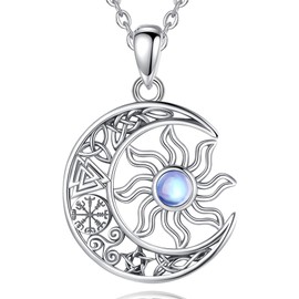 AEONSLOVE Sun and Moon Necklace Women's 925 Silver Moonstone Necklace with Celtic Knot Lucky Charm Pendant Cosmic and Astrological Jewellery Gifts for Women, Sterling Silver Sterling silver Moonstone,