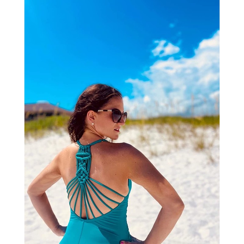 Hilor Women's Shirred Halter One Piece Swimsuits Macrame Back Swimwear