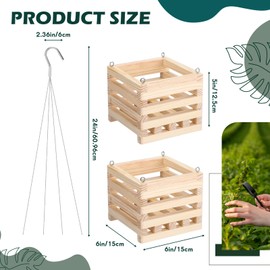 Briwooody 4 Pack Wooden Plant Hanger Set Including 6 Inch Strong Hanging Orchid Wooden Square Baskets and 24 Inch Wire Plant Hangers for Hanging Orchid Gardening Indoor Outdoor(Light Brown)