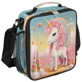 Kids Lunch Bags for Boys Girls - Cute Rainbow Pink Unicorn Reusable Lunch Box with Leakproof Thermal Cooler & Shoulder Strap - Ideal for School, Picnic, Daycare