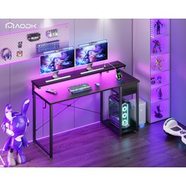 AODK Gaming Desk with LED Lights & Power Outlet, 55 Inch Computer Desk with Drawer, Reversible Desk with Adjustable Monitor Shelf & Headphone Hook for Home Office, Black