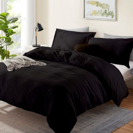 LinenHouse Premium Quality 3-Piece Duvet Cover Set with Zipper Closure & Corner Ties,Solid 1000-TC Ultra Soft Pillow Shams 100% Egyptian Cotton (Queen/Full/Full XL 90x90, Black)