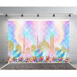Haosphoto Girls Birthday Backdrop for Photography 7X5FT Mermaid Tail Backdrops Fairytale Castle Underwater World Aquarium Coral Cartoon Background for Baby Shower Photo Studio Props Vinyl HS985