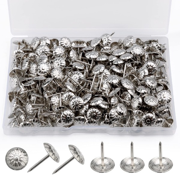 300Pcs 11 by 17 mm Decorative Tack Upholstered Furniture Tacks, Bronze Metal Pattern Head Nails Pins for Sofa, Chair, Bed DIY Decoration Tack Set with Storage Box (White Nickel)