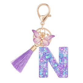 Suweibuke Colourful Cute Initial Letter Keychains for Women Girls with Tassel Butterfly, Charm for Purse Handbags Backpacks, Purple Dream Star Sky--n, Average Size