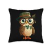 Wise Owl Green Hat Glasses Cute Tie Throw Pillow