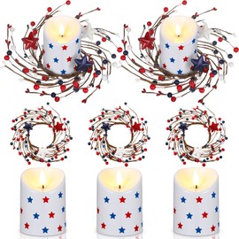 Yunlly 3 Set Mini Patriotic Candle Rings Wreaths with Flameless Pillar Candles 3 Inch Red White Blue Star Mixed Berries Pip Berry Wreaths for 4th of July Memorial Independence Day Tabletop Decor