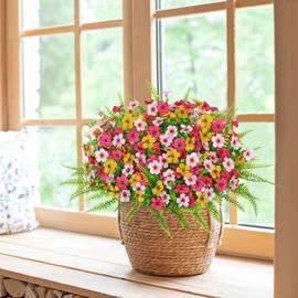 MEIVINES 14 Bundles Artificial Flowers for Outdoors,Colorful Silk Fake Flower with Ferns for Spring Summer Decoration, UV Resistant Artificial Outdoor Faux Plants for Home(Pink Yellow Magenta)