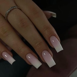 KQueenest Ombre Pink Press on Nails Long Square Shaped Gradient French Fake Nails Press Ons, Natural Gel Square Tips - 24 Pcs Coffin Acrylic False Nails Set for Women Daily Wear