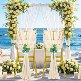 GSQQTE Champagne Chair Sashes 16 Pieces 8FT Long Sheer Wedding Aisle Chair Sash with Artificial Eucalyptus Tulle Chairs Covers Drapes Bulk Decorations for Wedding Banquet Event Party