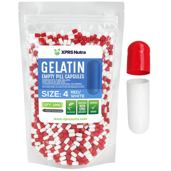 Cápsulas de gelatina vacías para gelatina, color rojo y blanco, tamaño 4, Kosher por Capsules Express (1000)