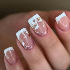 Press on Nails Short Square French Tip Fake Nails Nude False Nails with White Leafs Designs White Border Glossy Full Cover Glue on Nails Acrylic Nails for Women Girls 24 Pcs