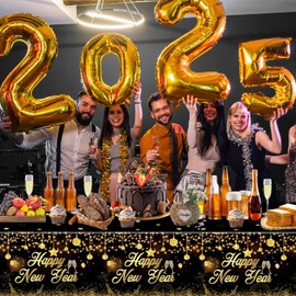 3 Pack New Years Tablecloths - Happy New Year Plastic Tablecloth Set, Black and Gold Disposable New Year's Table Cloth Cover Rectangle for 2025 New Years Eve Party Supplies Decorations, 108x54 Inch