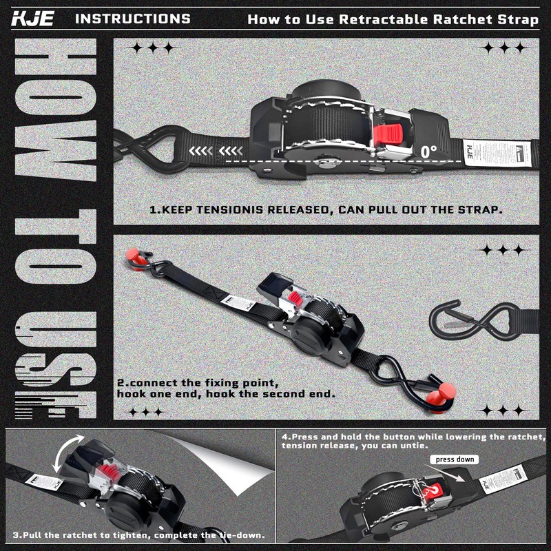 KJE Retractable Ratchet Straps, (4) 1" x 10' Tie Down