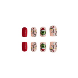 Christmas Press on Nails Short Square Grinchs Fake Nails Cartoon Green Hair Monster Acrylic Nails Christmas Lights Designs Pink Red False Nails Glossy Glue on Nails Xmas Stick on Nails for Women