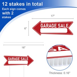 6 Pack Garage Sale Arrow Signs with Stake Double Sided, 17 x 6 Inches Large Yard Sign Corrugated Plastic Lawn Sign for Outdoor Waterproof Red