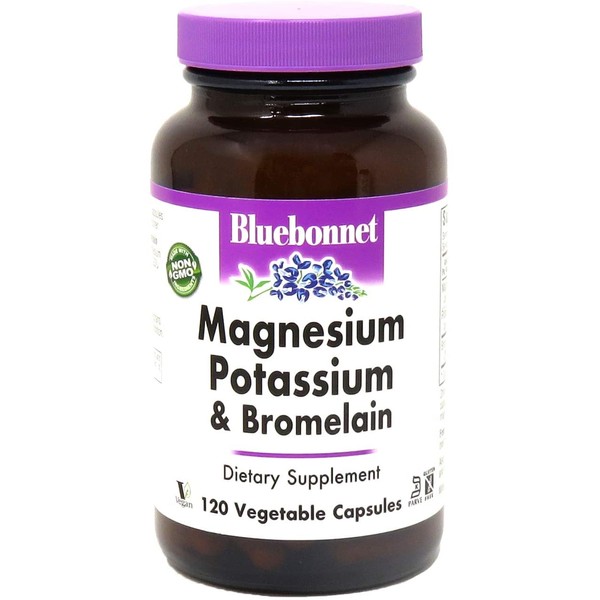 BlueBonnet Magnesium Potassium Plus Bromelain Vegetarian Capsules, White, Unflavored, 120 Count