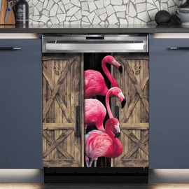 Flamingo Magnet Dishwasher Decal,Farmhouse Front Door Dishwasher Cover Decoration,Wood Frame Fridge Magnetic,Funny Animal Sticker for Refrigerator Skin,Home Appliance Kitchen Decor 23"x26"