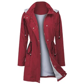 Arthas Women Light Rain Jacket Waterproof Active Outdoor Trench Raincoat with Hood Lightweight Plus Size for Girl (Red, XXL)