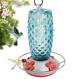 Grateful Gnome - Hummingbird Feeder - Hand Blown Glass - Blue Crystal - Additional Accessories Include S-Hook, Ant Moat, Brush and Hemp Rope Included