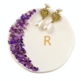 Maxsirui Ceramic Initials Ring Dish with Brazilian Amethyst Inlaid, Cute Room Decor Aesthetic, Decorative Jewelry Tray Trinket Dish, Engagement Wedding Birthday Christmas Gifts for Women (R)