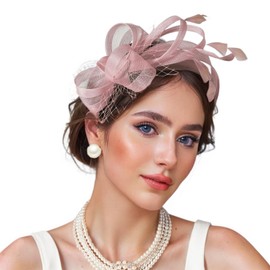 Fascinators for Women, Fascinators Headband, Tea Party Headband, Feather Mesh Hairband for Wedding Cocktail Party (Blush Pink)