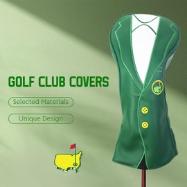 Green Jacket Golf Club Covers, PU Leather Elastic Neckline Golf Head Covers Soft Thick Lining Rainproof Sunscreen Hybrid Head Cover for 1/3/5/UT Wood Golf Club, Machine Washable (3 Wood Head Cover)