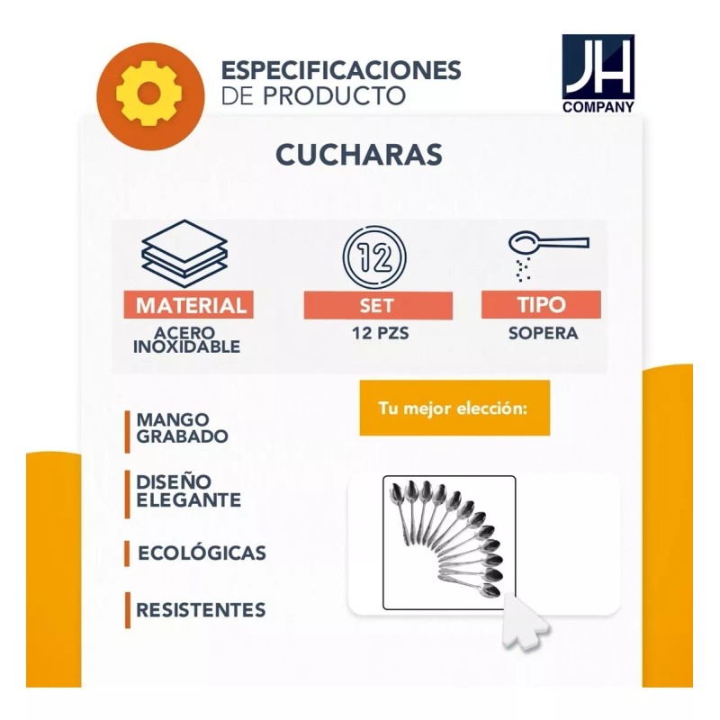 J.H. Company Set 12 Pcs Cuchara Sopera Cubiertos Acero Inoxidable