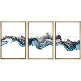 SIGNWIN Framed Canvas Print Wall Art Set Black Blue Smoke Wave Landscape Abstract Shapes Illustrations Modern Art Decorative Contemporary Colorful for Living Room, Bedroom, Office - 16"x24"x3 Natural