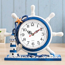 RTGGSEL Mediterranean Style Nautical Silent Desk Clock Lighthouse Helm Wooden Clocks Ship Wheel Rudder Shelf Clocks Beach Theme Clock Decor Ornament (7.87"x2.76"x7.87"-Helm Lighthouse)