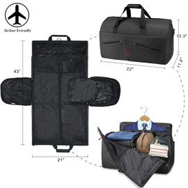 Carry on Garment Bag Convertible Suit Travel Bag with Shoes Compartment Waterproof Large Hanging Garment Duffel Bag Weekender Duffle Bag for Men Women Black