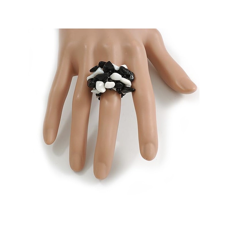 Avalaya Black/White Glass Bead Cluster Band Style Flex Ring/Size L