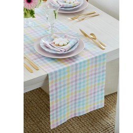 Solino Home Easter Table Runner 90 Inches Long - 100% Pure Linen Multicolor Pastel Gingham Plaid Table Runner 14 x 90 Inch Ideal for Wedding, Parties - Gingham Check