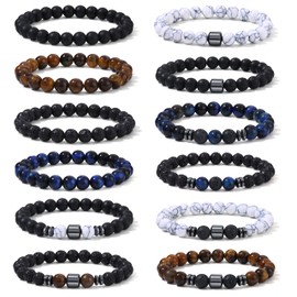 SAMOCO 12Pcs Tiger Eye Bracelets For Men Natural Stone 8mm Beads Bracelets Set Stretch Adjustable Lava Rock Black Crystal Beaded Bracelet for Men Women Gifts