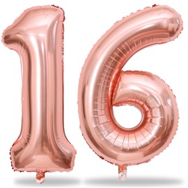 Rose Gold 16th Birthday Balloons for Girls, 40 Inch Big Mylar Foil Number 1 and 6 Balloons Self Inflating Rose Gold 16 Balloons Number for Women 16th Anniversary Party Decorations Supplies