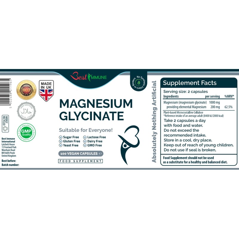 Natural Magnesium Glycinate 500mg Premium Quality Ideal Strength 100 Vegan