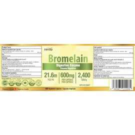 Herba Bromelain Supplement 600mg – 180 Capsules | 2,400 GDU/g Max Potency | Powerful Digestive Enzymes for Women and Men | Made in Canada