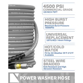 KARHDIR Pressure Washer Hose 75FT 3/8" for Cold and Hot Water 212°F, with Swivel Quick Connect, 4500PSI Kink Resistant Grade Steel Wire Braided, Power Washer Hose With 2pcs M22-14mm Adapter