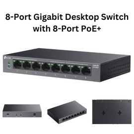 TP-Link 8-Port Gigabit Desktop Switch with 8-Port PoE+, up to 16 Gbps switching capacity, Up to 250 m PoE Transmission, Silent Operation, Fanless design, metal case, Plug and Play (LS108GP)
