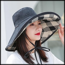 White Fang CZ917 Women's Hat, Foldable, Large Brim, Plaid Pattern, UV Protection, Sun Hat, Summer, Black, Free size