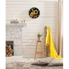 LOKMU Silent Non Ticking Clock 12 Inch, Round Wall Clock,Decorative for Living Room, Kitchen, Home,Bathroom, Bedroom, Office or School, Sunflower with Butterfly on Black