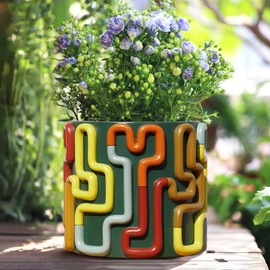 GUGUGO Colorful Squiggle Lines Planters Cute Unique Rainbow Planter with Drainage, Vintage Retro Flower Plant pots for Indoor Plants, Eclectic Succulent Gardening Pot for Boho Modern Décor, Green