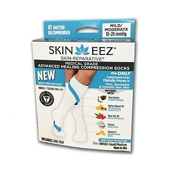 Skineez Skin-Repartive Medical Grade Hydrating Compression Socks, 10-20 mmHg L/XL White