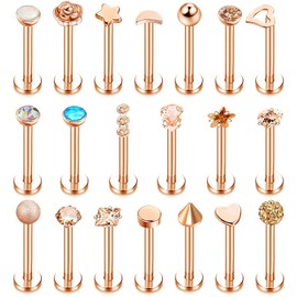 Kakonia 20 Pcs Tragus Cartilage Forward Helix Stud Earrings for Women Men Monroe Labret Lip Nose Studs Stainless Steel CZ Balls Heart Flower Medusa Flatback Piercings Earrings 16G