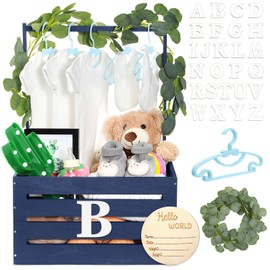 Barydat Wooden Baby Shower Crate Closet Baby Basket with Handle Baby Announcement Sign Garland Baby Hangers Large Letter, Wooden Gift Crate, Letters for Pregnancy New Parent Party(Navy Blue)