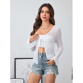 Milumia Women's Y2K Textured Lettuce Trim Tie Front Cardigan Long Sleeve Sheer Shrug Top Cover Ups White Solid Medium