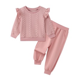 ESHOO Baby Girls 2 Pieces Outfits Toddler Ruffle Ribbed Long Sleeve Sweatshirt Pant Set Kids Solid Color Fall Winter Tracksuit