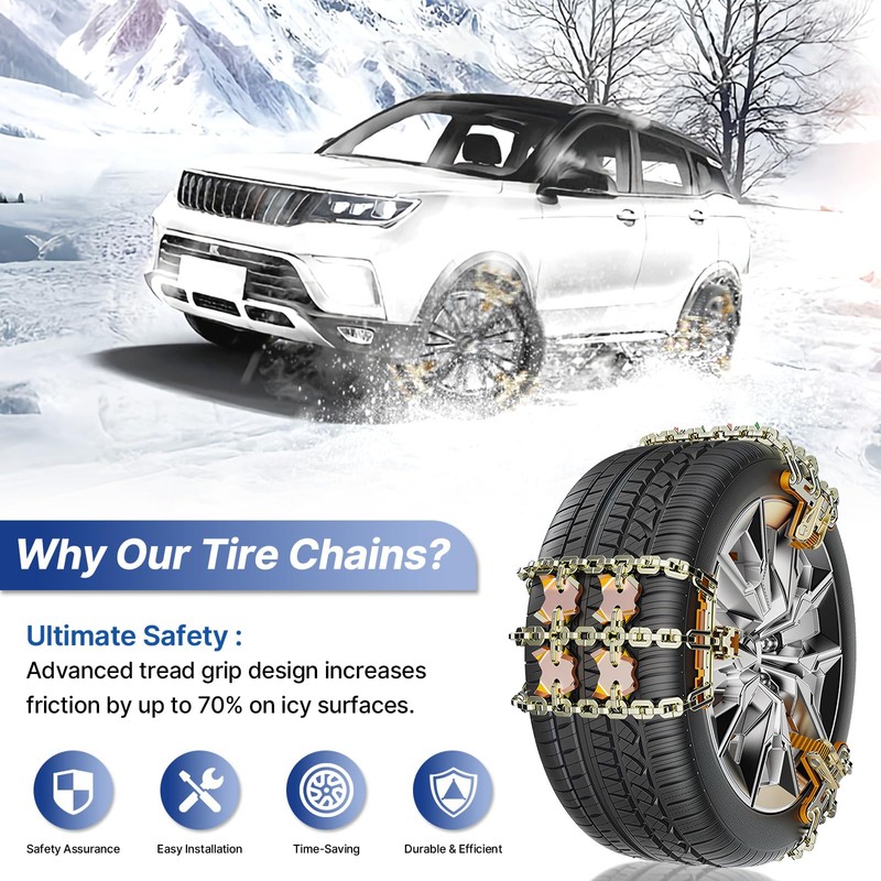 Snow Chains, Emergency Anti-Skid Tire Chains for SUV, Cars, Sedan,